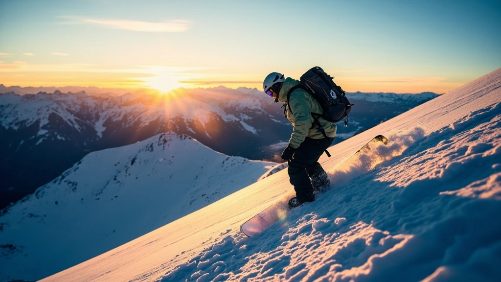 A snowboarder tops out on a wind-scoured ridge at sunset in the Tetons.