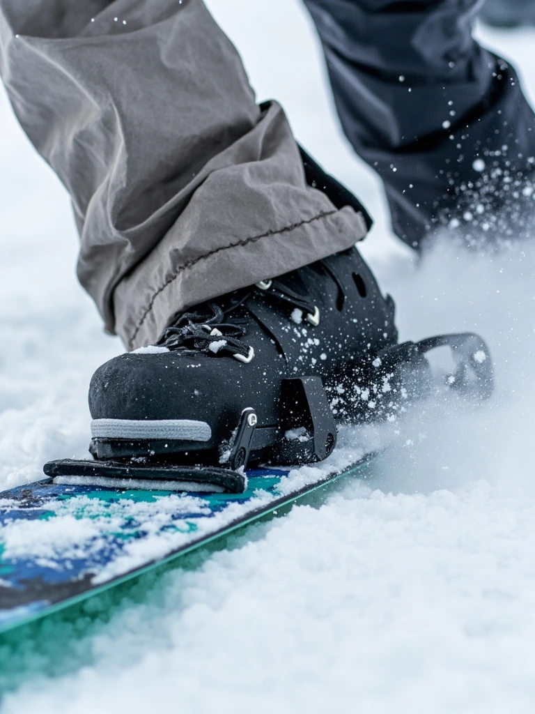 A close-up of a splitboard binding after a long tour.