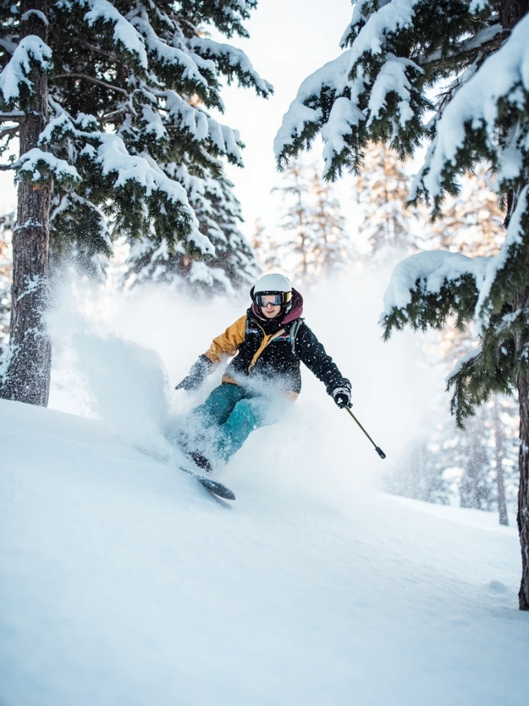 A snowboarder threads through snow-laden glades.