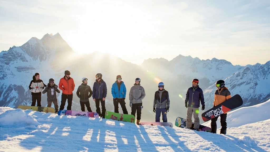 The Snowboarder editorial crew standing together on a snowy ridgeline at dawn with their boards planted in the snow.