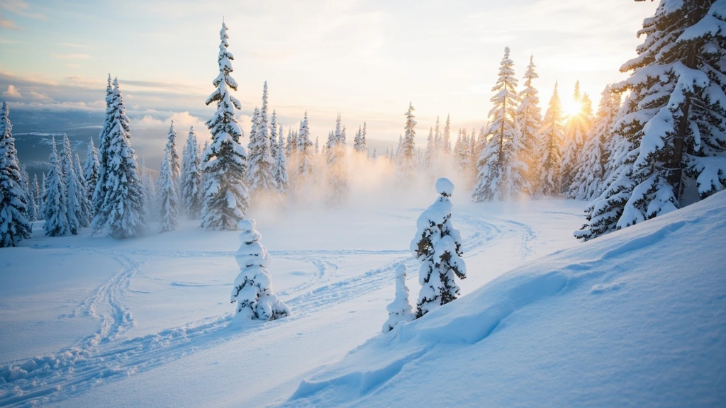 A snow-covered mountain bowl at dawn, viewed from the chairlift after a major storm