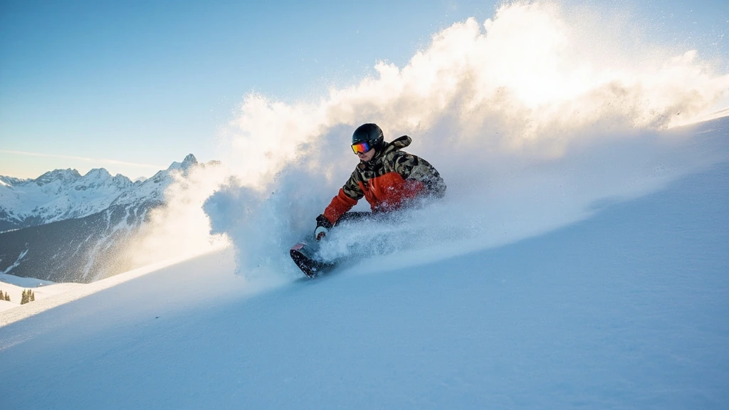 Snowboarder carving fresh powder at first light on an alpine face.