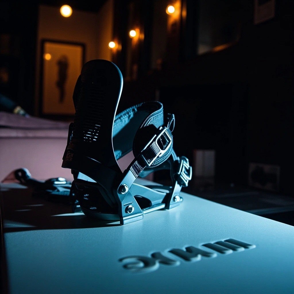 Close-up of a binding mounted on a board, side-lit in a ski lodge.