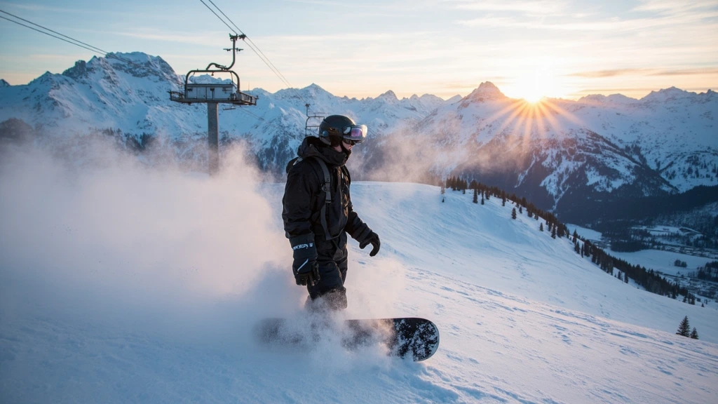 A snowboarder waiting at a dawn chairlift above a fresh powder field.